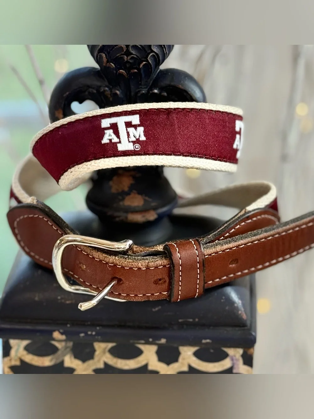 Texas A&M Brown Leather Belt with Maroon A&M Logo detail and Silver Buckle Sz 26